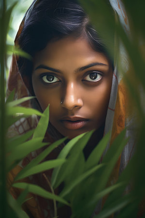 Portrait of a beautiful young indian woman with green plants.の素材