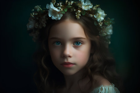 Portrait of a beautiful little girl in a wreath of flowers.の素材