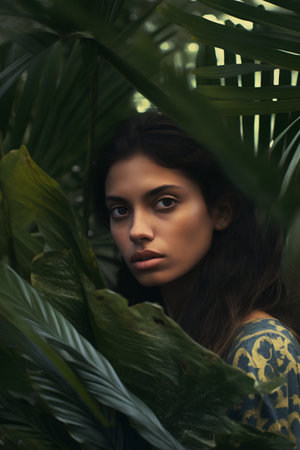Portrait of beautiful young woman among tropical leaves. Natural beauty concept.の素材