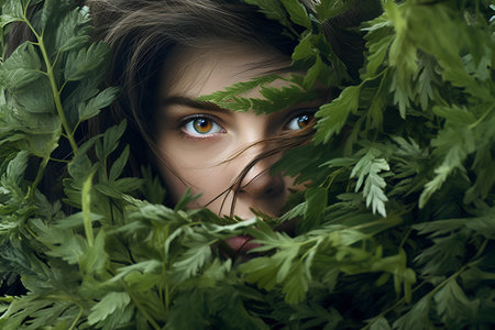 Close up portrait of beautiful young woman with green leaves. Natural beauty concept.の素材