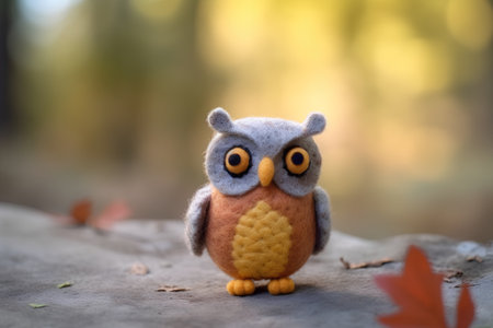 Soft toy owl on autumn background with bokeh and fallen leavesの素材