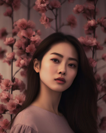 beautiful asian woman with sakura flower background, asian beautyの素材