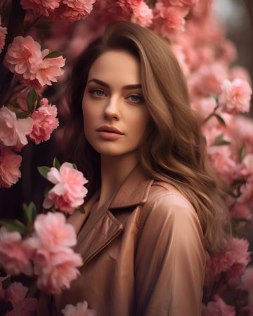Portrait of a beautiful young woman in a pink blossom gardenの素材
