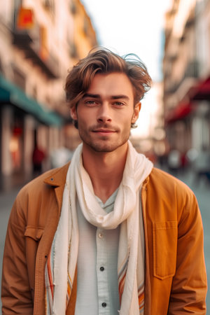 Portrait of a handsome young man in the city. Men's beauty, fashion.の素材