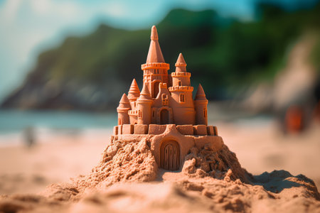 Sand castle on the beach at sunset. Travel and vacation concept.の素材