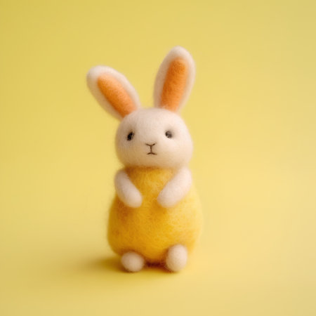 Cute handmade easter bunny toy on yellow background. Easter concept.の素材