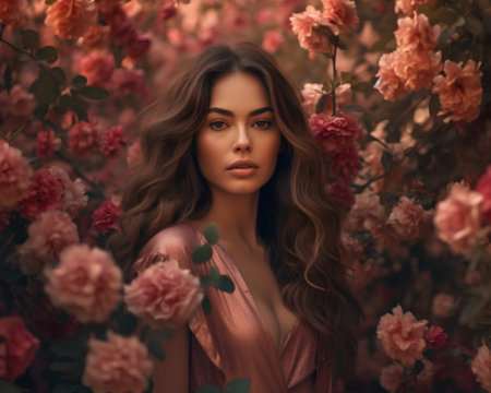 fashion outdoor photo of beautiful sensual woman with dark hair in elegant dress posing among blooming rosesの素材