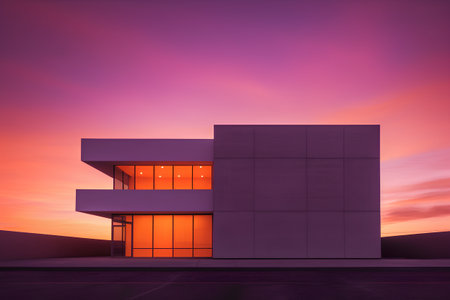 3D render of a modern office building exterior with a beautiful sunsetの素材