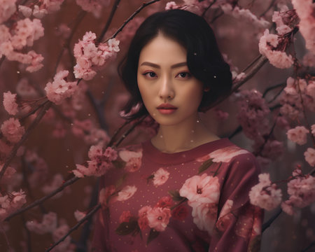 Beautiful asian woman with cherry blossom background. Spring fashion.の素材