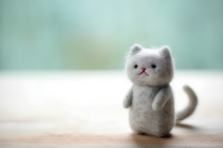 Soft toy cat on wooden background with copy space. Selective focus.の素材