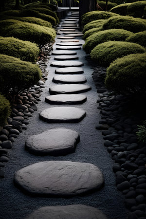Stone walkway in japanese garden, black and white toneの素材