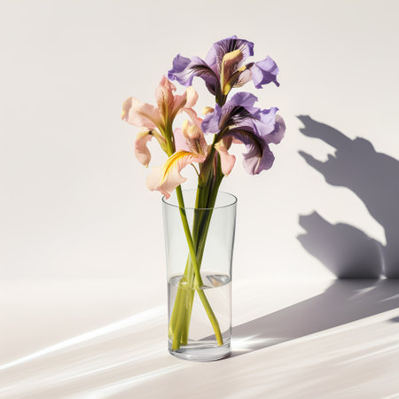 Beautiful iris flowers in glass vase on white background. 3d renderingの素材