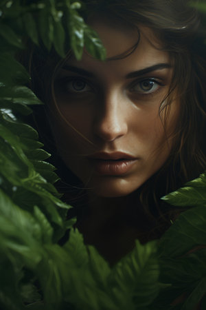 Portrait of beautiful young woman with green leaves. Natural beauty.の素材