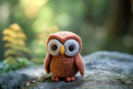Cute owl doll on the rock with bokeh background.の素材