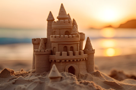 Sand castle on the beach at sunset time. Travel and vacation concept.の素材
