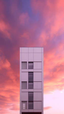 3D render of a modern apartment building at sunset with clouds in the skyの素材