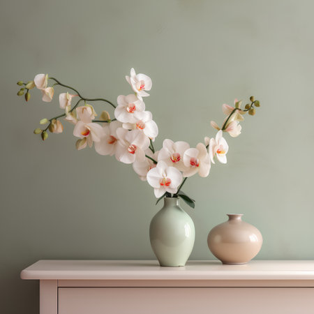 Vase with white orchids on the table. 3d renderingの素材