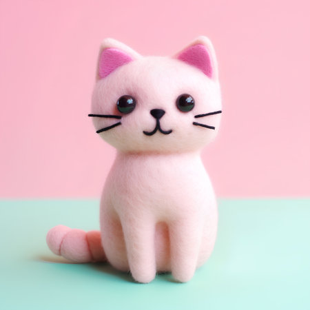 Soft toy cat on pastel pink and blue background. Minimal style.の素材
