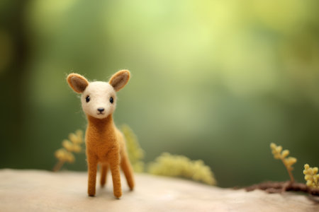 Miniature deer toy standing on a rock with green bokeh backgroundの素材