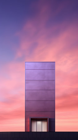 3D render of an office building against a sunset sky background.の素材