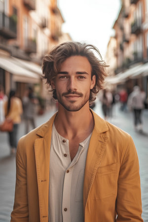 Portrait of a handsome young man wearing a yellow jacket walking in the city.の素材
