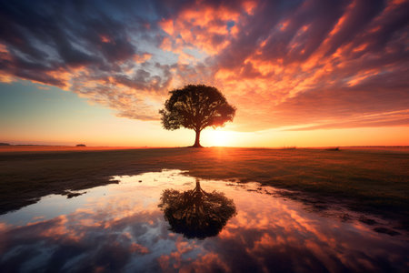 Beautiful sunset over a field with a tree reflected in the waterの素材