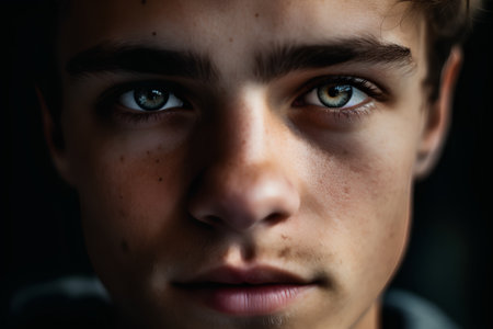 Close-up portrait of a young boy with blue eyes on a black backgroundの素材