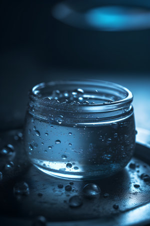 cosmetic cream in a glass jar with water drops on a dark backgroundの素材