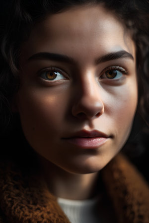 Portrait of a beautiful young woman with green eyes and brown sweaterの素材