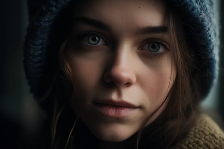 Portrait of a beautiful girl in a warm sweater and hat.の素材