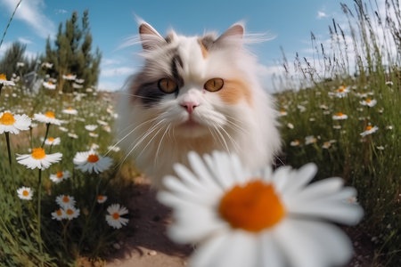Beautiful Persian cat with chamomile flowers in the fieldの素材