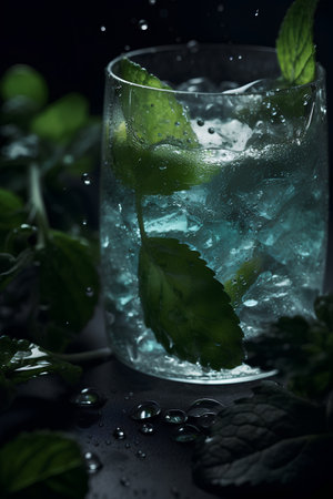 Mojito cocktail with mint leaves and ice cubes on black backgroundの素材