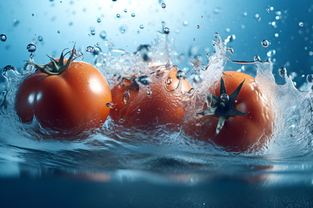 Fresh tomatoes falling into water with splash and drops on blue background.の素材
