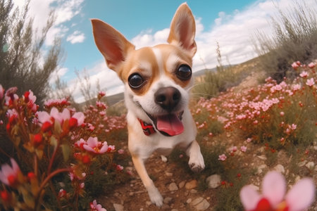 Chihuahua dog in the desert with pink flowers and blue skyの素材