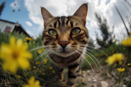 Cute cat looking at the camera with yellow flowers in the backgroundの素材