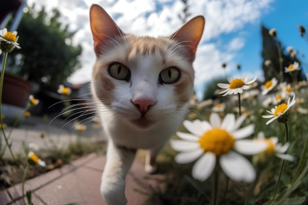 Cat and daisies in the garden. Focus on eyes.