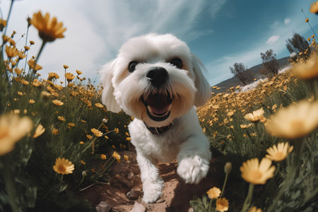 Cute Maltese dog in the field of yellow flowers on a sunny dayの素材