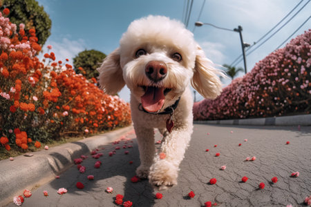 Poodle dog running on the road with flowers in the background.の素材