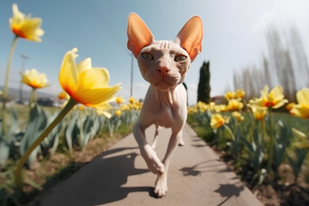 A cat of the Canadian Sphynx breed walks through the spring tulipsの素材