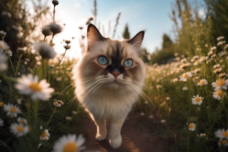 Beautiful cat with blue eyes in the field of daisiesの素材