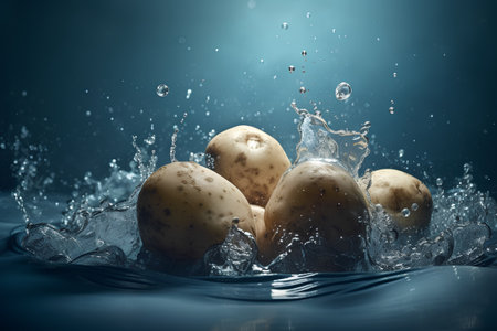 Fresh potatoes splashing into water on blue background. Toned.の素材