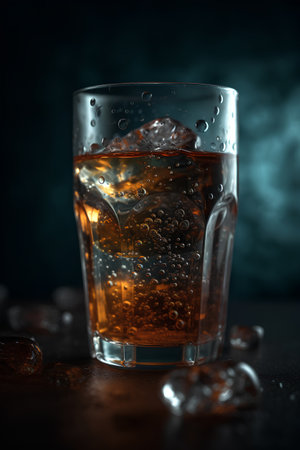 Glass of whiskey with ice cubes on dark background. Close up.の素材