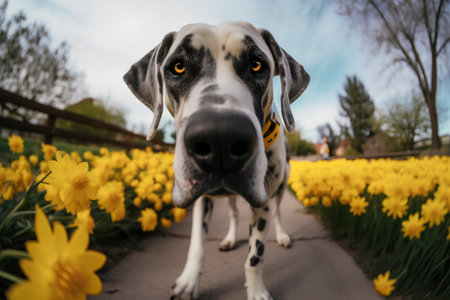 Dalmatian dog with yellow daffodils in the backgroundの素材