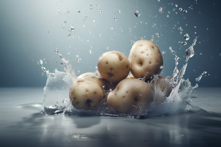 Fresh potatoes with water splash on a dark background. Toned.の素材