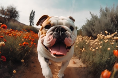 english bulldog in the field of poppies, shallow dofの素材
