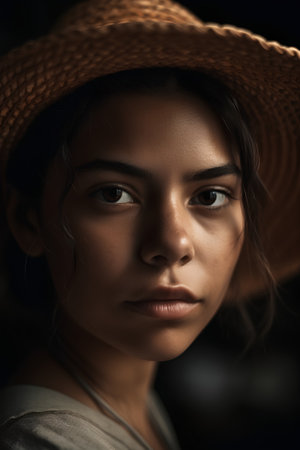 Portrait of a beautiful young asian woman wearing a straw hatの素材