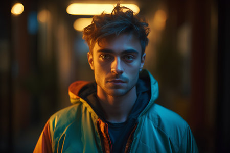 Portrait of a handsome young man in the city at night.の素材