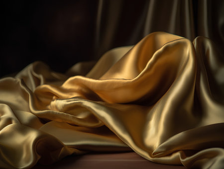 Golden satin fabric on a dark background. 3d rendering.の素材
