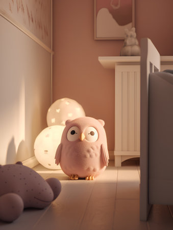 3d rendering of a cute owl sitting in a childrens roomの素材