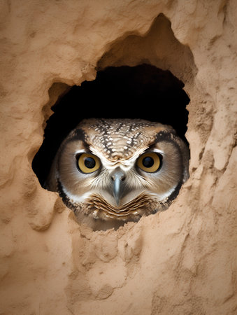 Portrait of a beautiful owl in a hole in the wall.の素材